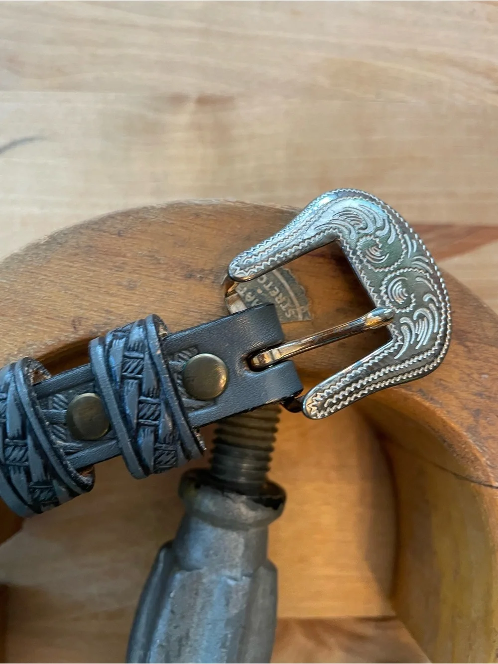Embossed Gray Leather Western Belt with Ornate Silver Buckle 32.5 in